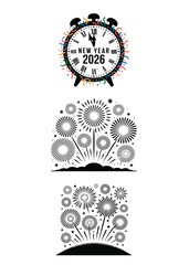 New Year 2026 Clock Fireworks Celebration Vector Graphic Set