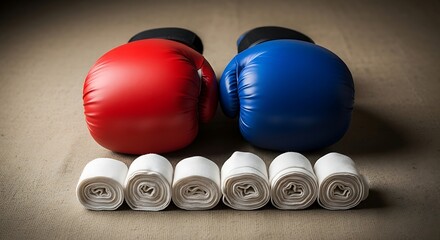Illustration of red and blue boxing gloves with white bandages on a gym floor background