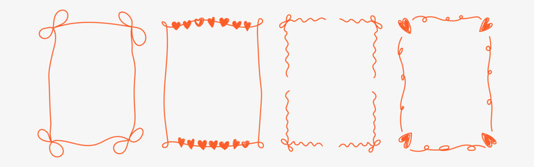 Vintage hand drawn Valentine&rsquo;s Day frame set with whimsical lines, bows, hearts, and ribbons. Elegant coquette line art vector borders for greeting cards, posters, wedding and romantic invitations.