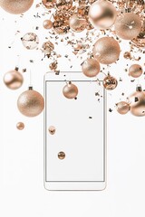 Smartphone with blank white display top view with golden baubles Christmas decorations background.