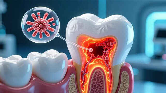 A tooth view with magnified bacteria highlighting enamel damage and early decay tooth decay or sensitivity