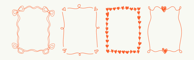 Vintage hand drawn Valentine&rsquo;s Day frame set with whimsical lines, bows, hearts, and ribbons. Elegant coquette line art vector borders for greeting cards, posters, wedding and romantic invitations.