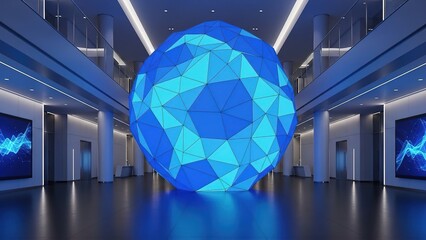 A large, glowing blue polygonal sphere sculpture dominates a modern, futuristic building lobby with reflective floors and digital displays.