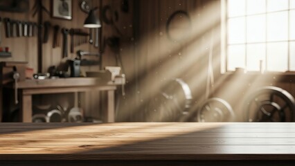 Carpenters Bench Sunlit Workshop Scene with Wooden Counter and Tools.