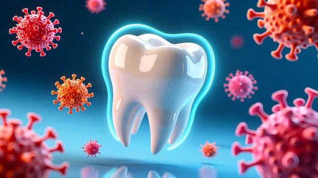 The tooth surrounded by a floating germs showing oral health risk and hygiene care tooth decay or sensitivity