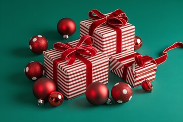 christmas gift boxes Holiday Christmas greeting frame with gifts and ornaments on green background, festive winter flat lay top view