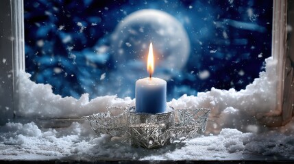 A serene winter scene depicts a single menorah candle flickering on a white sill against the backdrop of a deep blue night sky where falling snow forms an elegant Star of David. 