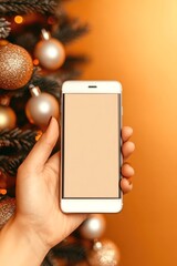 Smartphone with empty display in hand on Christmas golden decorations background.