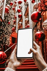 Smartphone with empty display in hand on Christmas red decorations background.