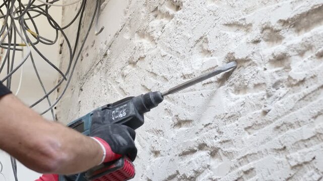 Close-up of worker hands using electric hammer drill to remove old plaster from interior concrete wall. Renovation and demolition process with rough texture, dust and damaged surface. Concept of home 