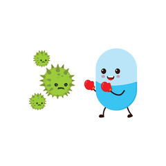 Cute pill character in boxing gloves fighting viruses, symbolizing health and immunity