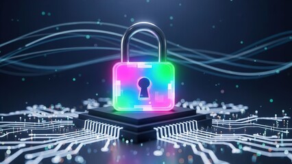 A vibrant, glowing padlock symbolizing digital security and data protection on a microchip and circuit board with abstract light trails.
