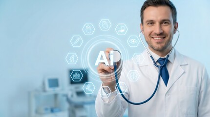 Smiling doctor interacting with AI technology in modern medical setting