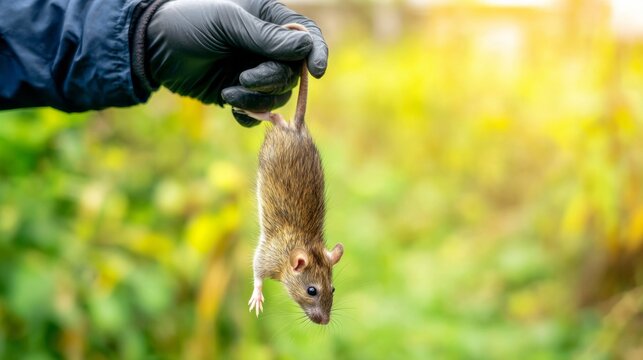 Hand in protective glove holding a dead wild rat by its tail, illustrating pest control and disease risk