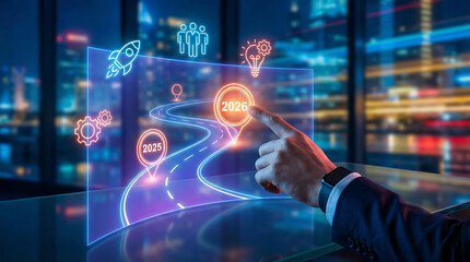 Businessman interacting with futuristic digital roadmap display