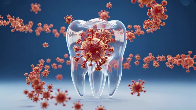 A single tooth surrounded by bright micro germs showing infection risk, representing tooth decay or sensitivity in sterile scientific design