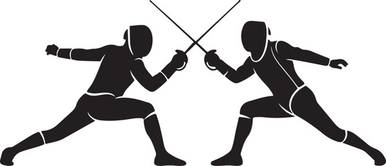 An elegant Fencing Duel Silhouettes collection showcasing two fencers in classic duel stances and dynamic action poses, including lunges, parries, attacks, and defensive movements.