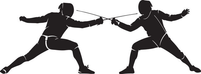 An elegant Fencing Duel Silhouettes collection showcasing two fencers in classic duel stances and dynamic action poses, including lunges, parries, attacks, and defensive movements.