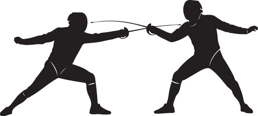 An elegant Fencing Duel Silhouettes collection showcasing two fencers in classic duel stances and dynamic action poses, including lunges, parries, attacks, and defensive movements.