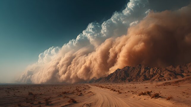 Epic sandstorm cloud rolling over a desert landscape with massive dust wall and dramatic apocalyptic sky above arid sand dunes.