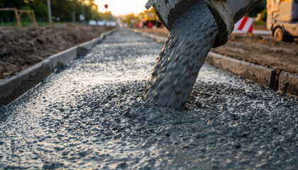 Liquid cement being poured from a mixer truck chute into a form for a new concrete sidewalk during road construction at sunset