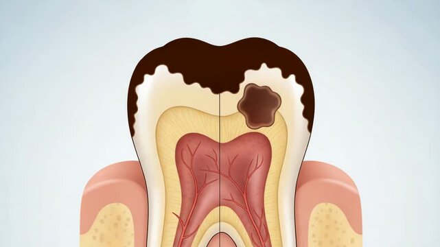 The split molar showing a healthy and inflamed pulp side by side to explain tooth decay or sensitivity in clear medical form
