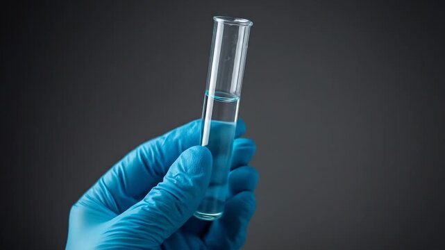 A gloved hand holds a test tube with a blue liquid