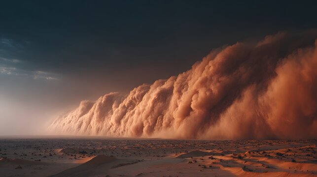Epic sandstorm cloud rolling over a desert landscape with massive dust wall and dramatic apocalyptic sky above arid sand dunes.