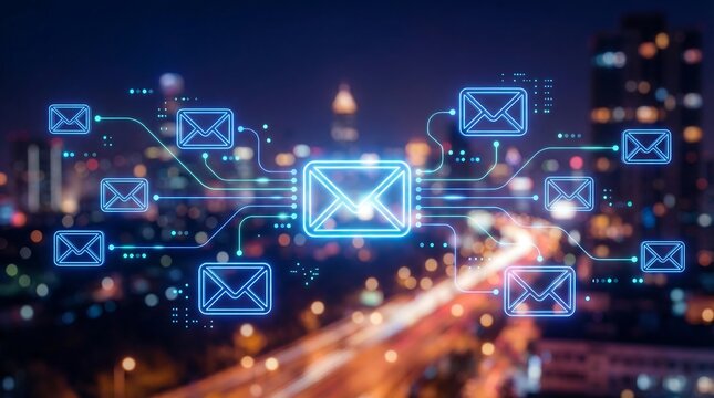 Neon email icons glowing over cityscape at night - Powered by Adobe
