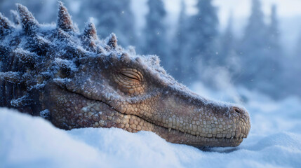 A Spinosaurus dinosaur sleeping in deep snow, a close-up of a prehistoric carnivore head covered in frost, a hibernating ancient animal, a frozen wildlife scene.