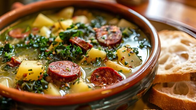 Close up of caldo verde soup with potatoes kale and sliced chorizo served with crusty bread slices
