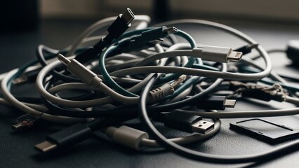 Tangled mess of electronic cables and chargers on a dark surface