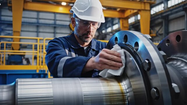 Engineer cleans metal shaft in factory. Worker polishes industrial component with cloth in plant. Technician wipes steel part in manufacturing facility. Mechanic maintains machinery in workshop.
