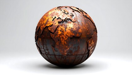 A rusty, spherical representation of the Earth, with continents visible. The globe sits on a plain, light background
