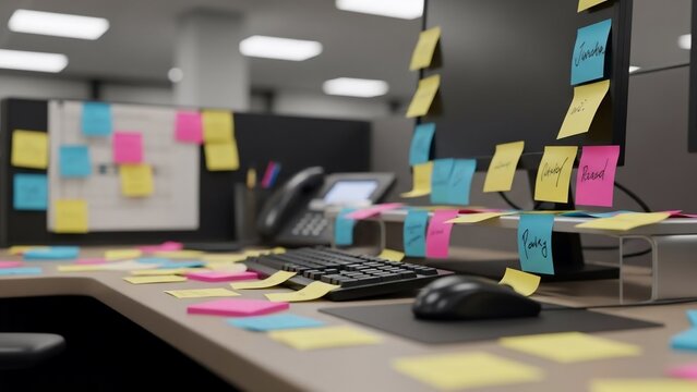 Colorful sticky notes covering office desk and computer monitors in a workspace