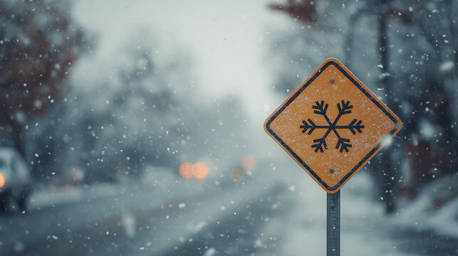 Snow warning sign on snowy street during winter snowfall  