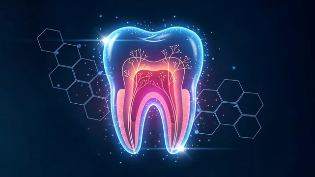 A glowing tooth cross section with neon anatomy highlighting internal pain linked to tooth decay or sensitivity in a modern style