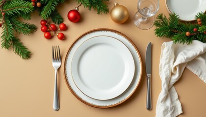 Festive Christmas Table Setting with White Plate Silver Cutlery and Green Pine Decor