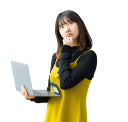パソコンを持って考える女性・ビジネスウーマン（背景透過PNG）