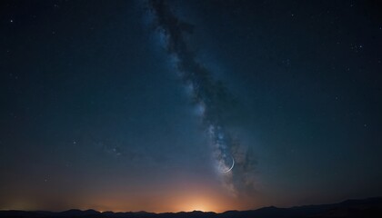 Dark night sky above mountains features milky way galaxy and crescent moon. City lights glow on horizon below vast starry expanse. Natural wonder inspires awe.