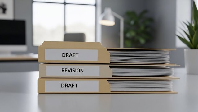 Stack of labeled file folders on office desk with draft and revision documents