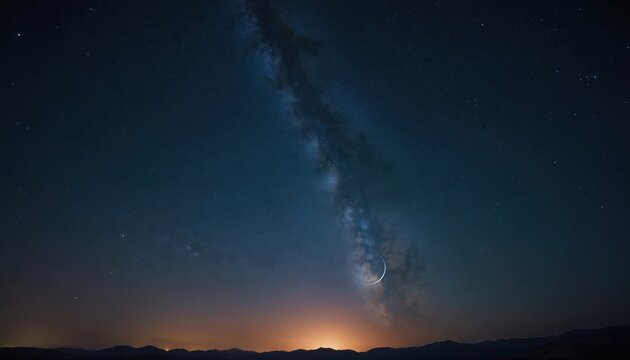 Dark night sky above mountains features milky way galaxy and crescent moon. City lights glow on horizon below vast starry expanse. Natural wonder inspires awe.