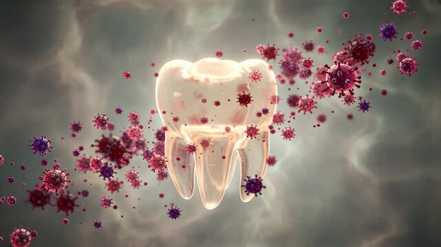 A glowing tooth surrounded by drifting microbes showing infection risk and tooth decay or sensitivity in a soft surreal medical mood