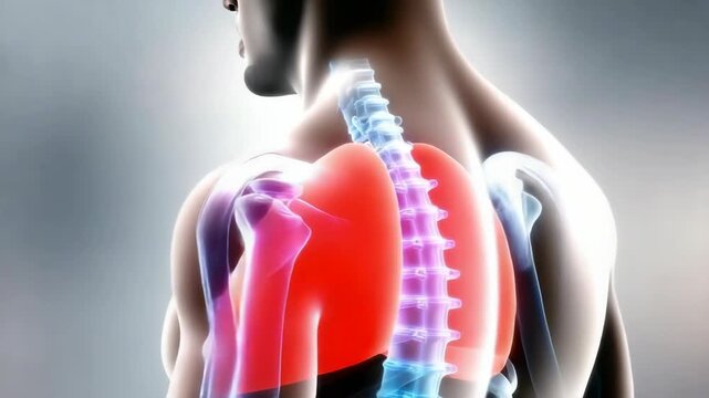 Medical animation of the human respiratory system with lungs, bronchi, and trachea. Accurate representation showing the breathing process with inspiration and expiration inside a transparent body