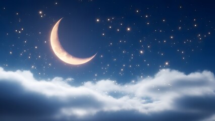 Naklejka premium Crescent Moon Shining Brightly Above Clouds in a Starry Night Sky