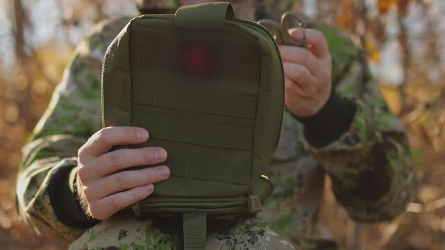 Military training. First aid kit. Slow motion video. High quality 4k footage