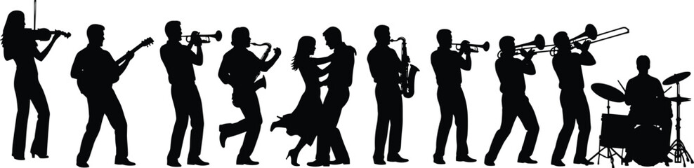 Musical ensemble silhouette dancing instruments jazz band performance entertainment celebration energy black illustration trumpet saxophone drummer joy flat vector