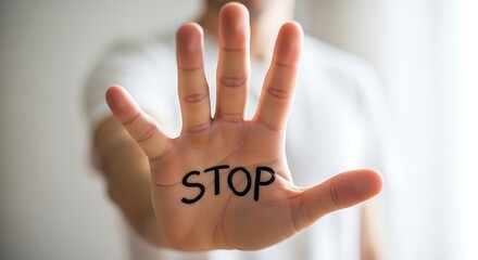 A person showing a stop sign with their hand in a white shirt indoors