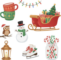 Santa Sleigh and Snowman Christmas Illustration Set