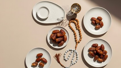 Obraz premium Dates and prayer beads arranged on white plates on a beige background